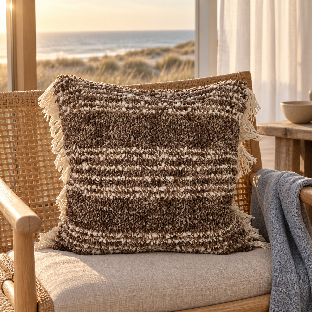 Holmen Santo Kissenbezug in Dunkelbraun mit cremeweißen Fransen auf einem Rattansessel vor Dünen und Meer.