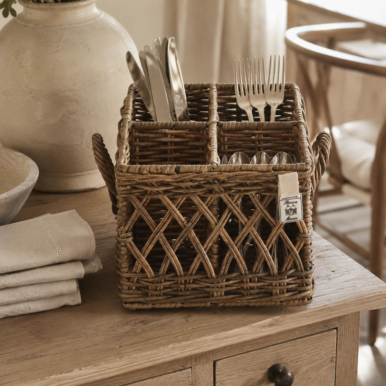 Riviera Maison Rustic Rattan Besteckkorb Square 21 x 20 x 22 cm – Braun