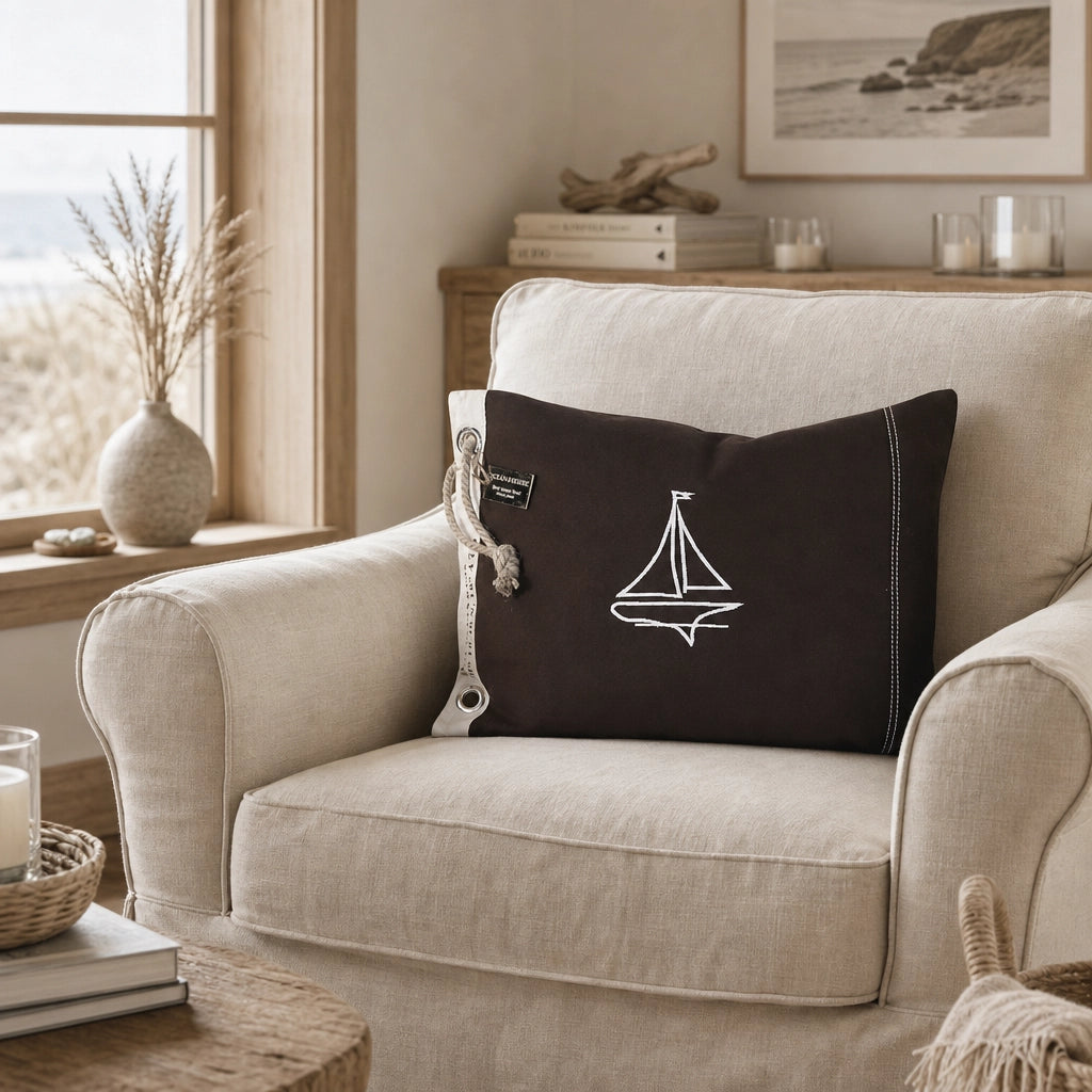 Kissenhülle Oceanhouse Canvas Schiff auf Sessel im Coastal Look