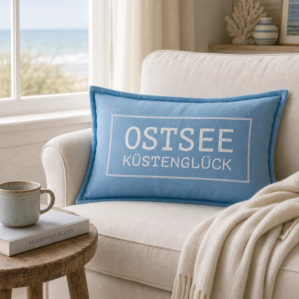 Kissenhülle Pad COAST Dusty Blue auf Sessel im Coastal Look