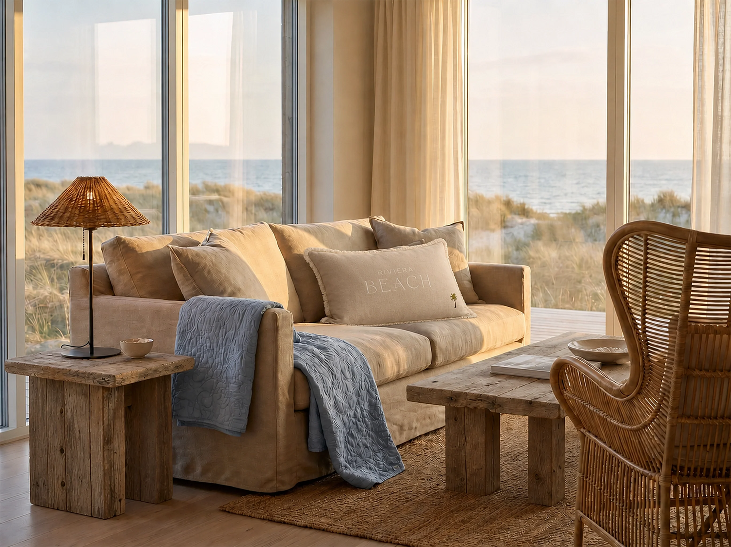 Sommerhaus-Wohnzimmer mit beigem Sofa, Kissen "Riviera Beach" von Riviera Maison, Isabel-Tagesdecke von Lene Bjerre in Hellblau, Rattan-Tischlampe von J-Line und Holz-Couchtisch vor Dünen- und Meerblick im Abendlicht