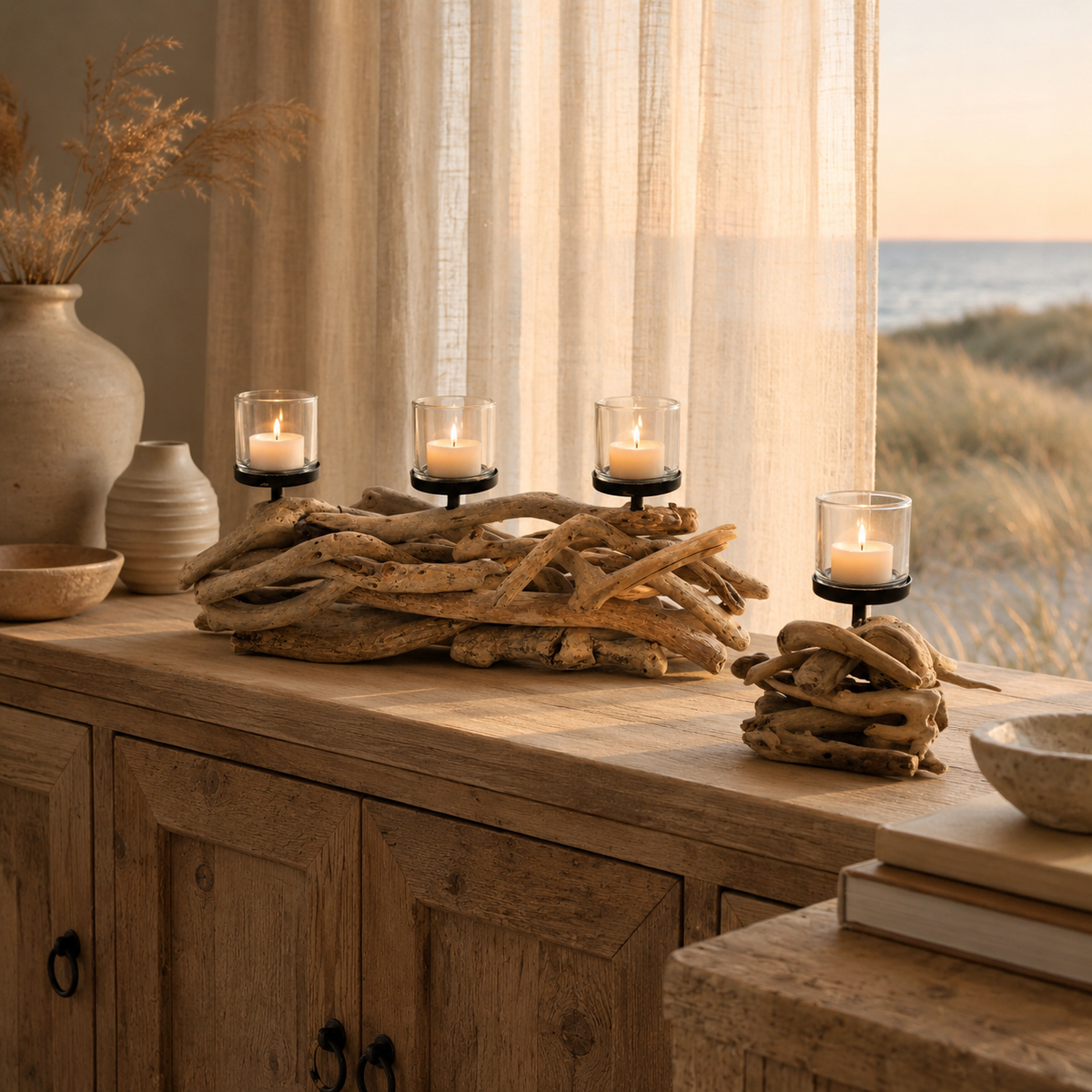 WMG Treibholz-Windlicht Bundle 3-flammig + 1-flammig – Natur