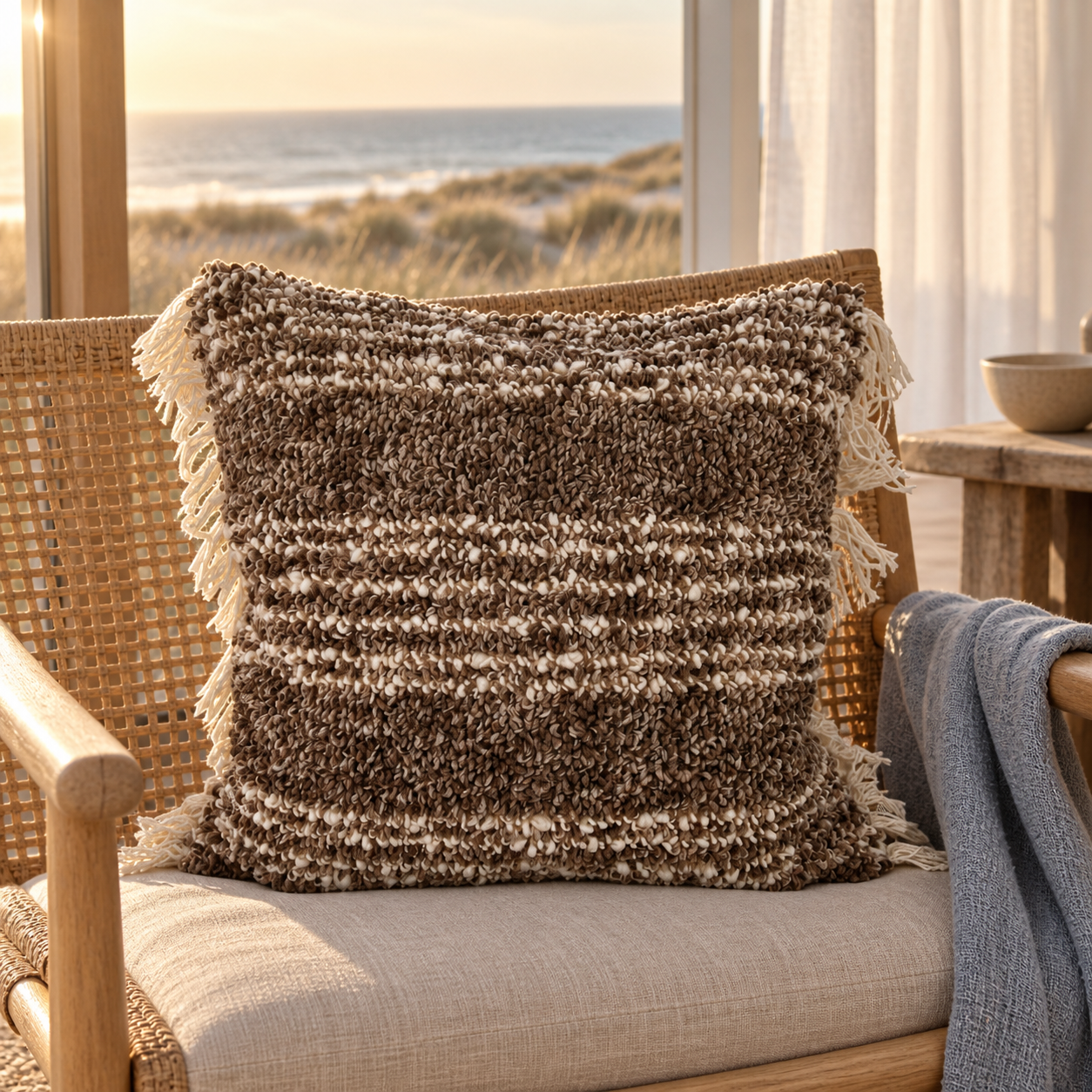 Holmen Santo Kissenbezug in Dunkelbraun mit cremeweißen Fransen auf einem Rattansessel vor Dünen und Meer.