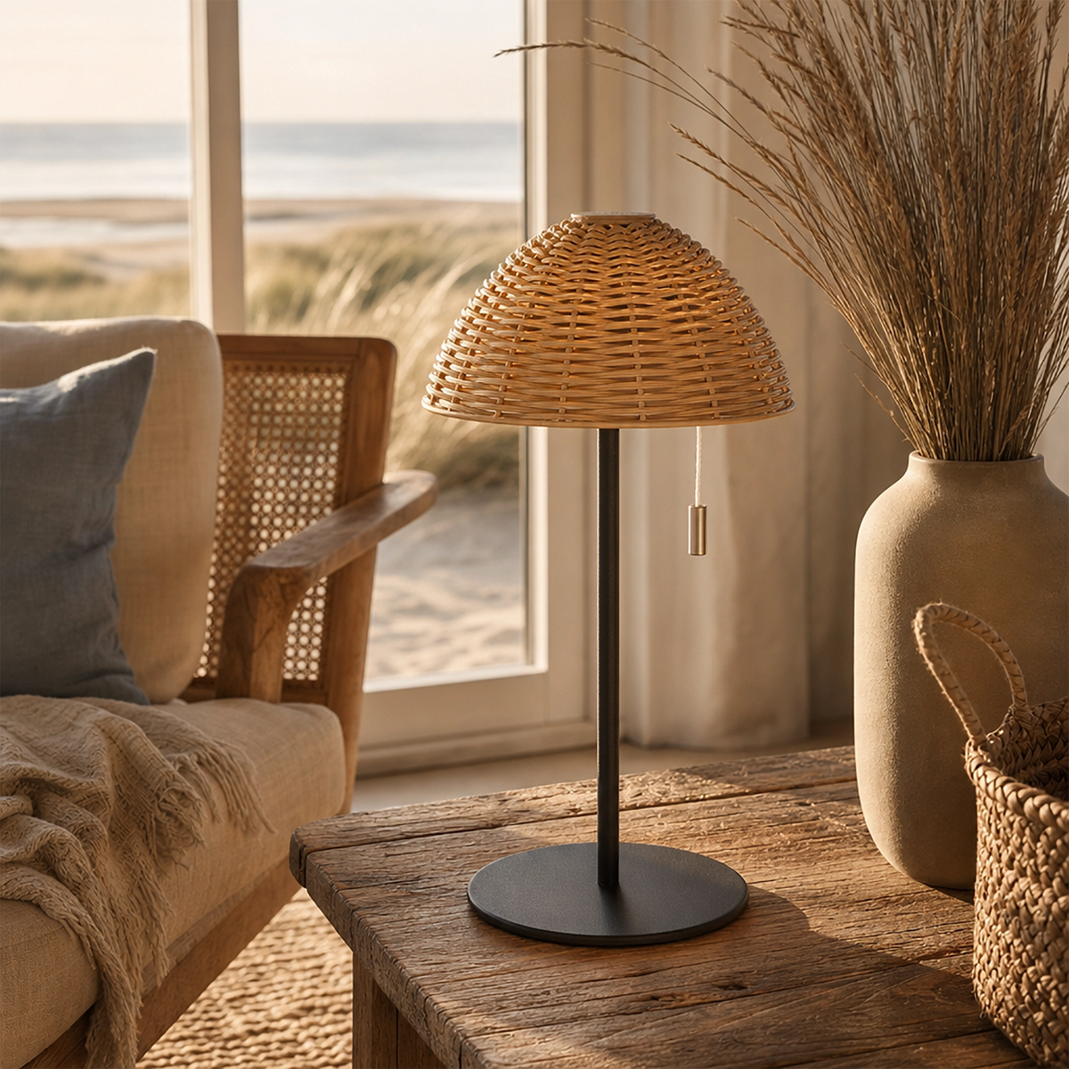 Kabellose Wigan Tischleuchte in Natur und Schwarz auf einem Couchtisch.