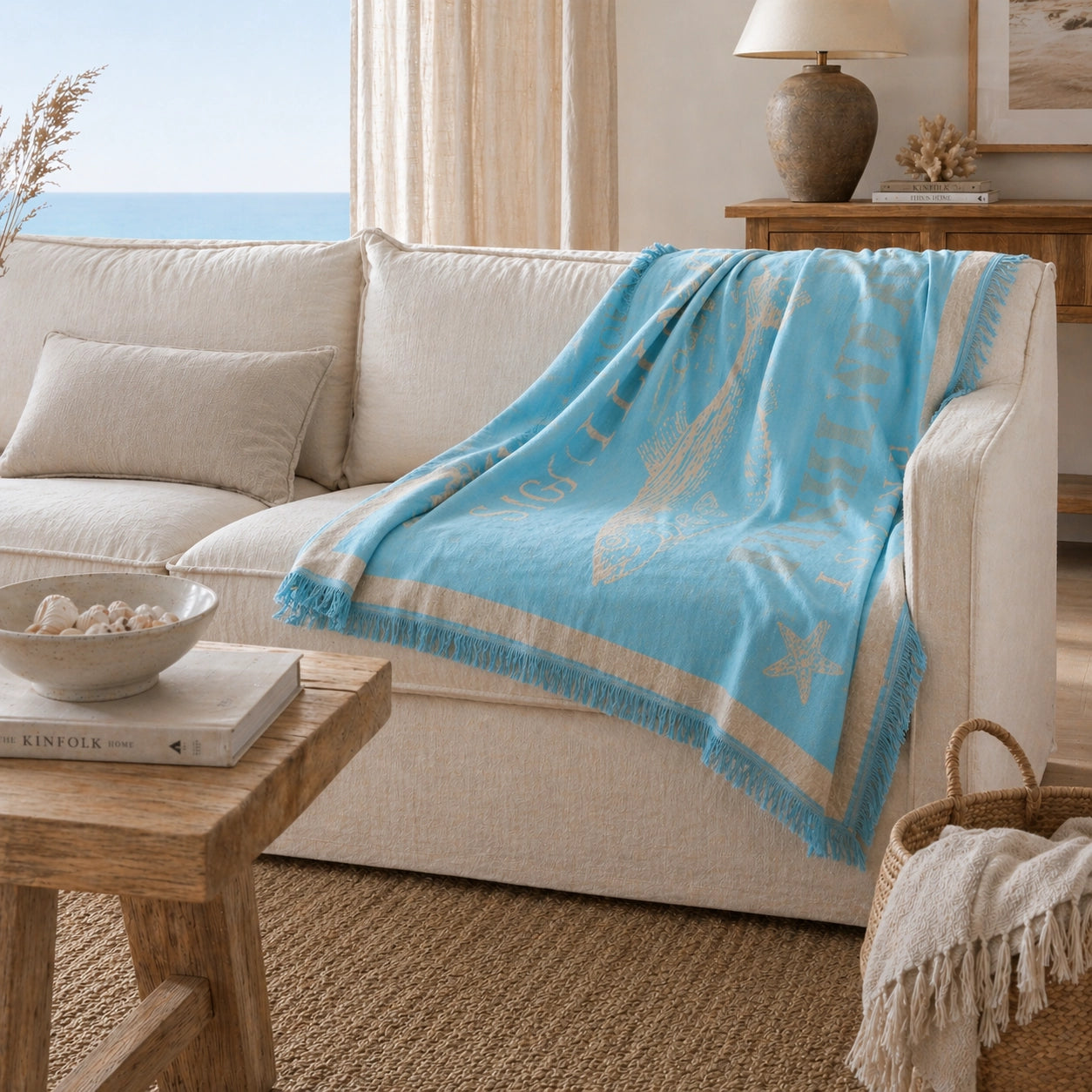 Decke Pad SEA Türkis auf Sofa im Coastal Look