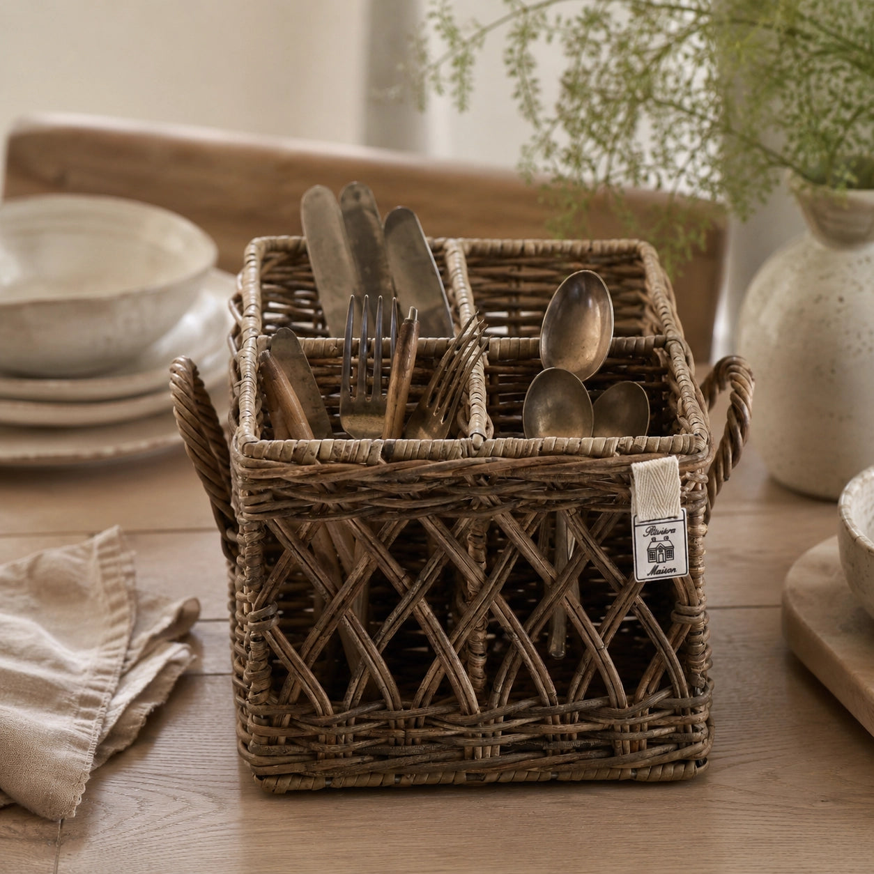 Riviera Maison Rustic Rattan Besteckkorb Square 21 x 20 x 22 cm – Braun