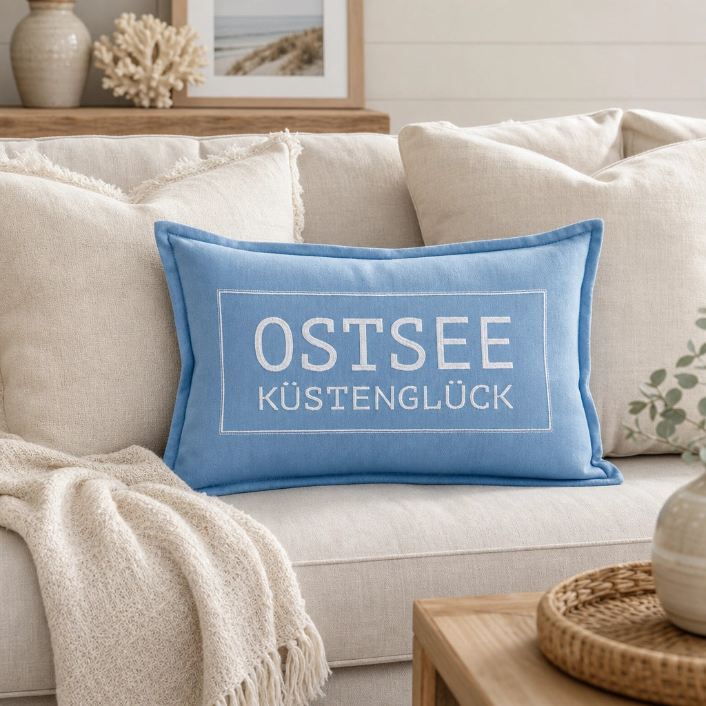 Kissenhülle Pad COAST Dusty Blue Ostsee auf Sofa im Coastal Look