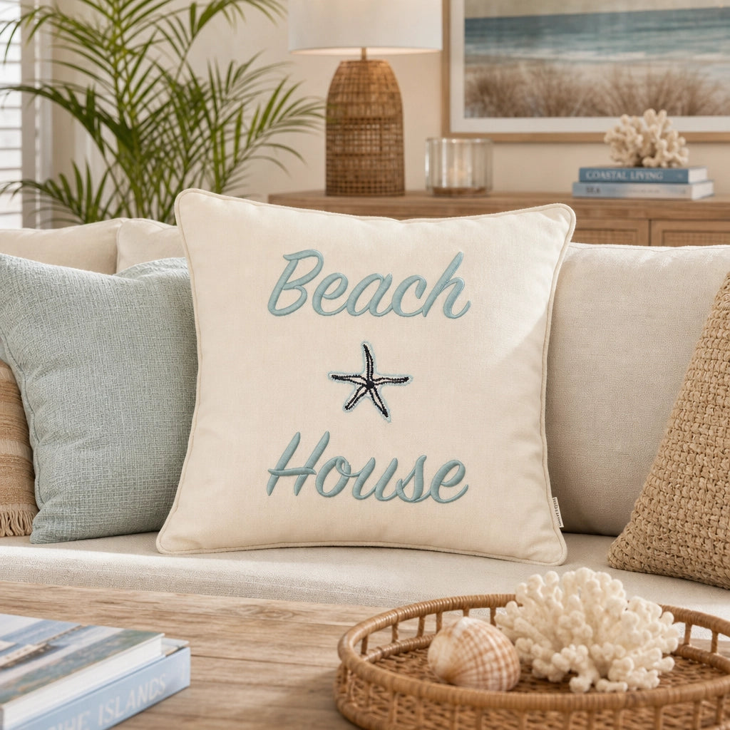 Kissen Riviera Maison Beach House Pillow Creme Hellblau auf Sofa