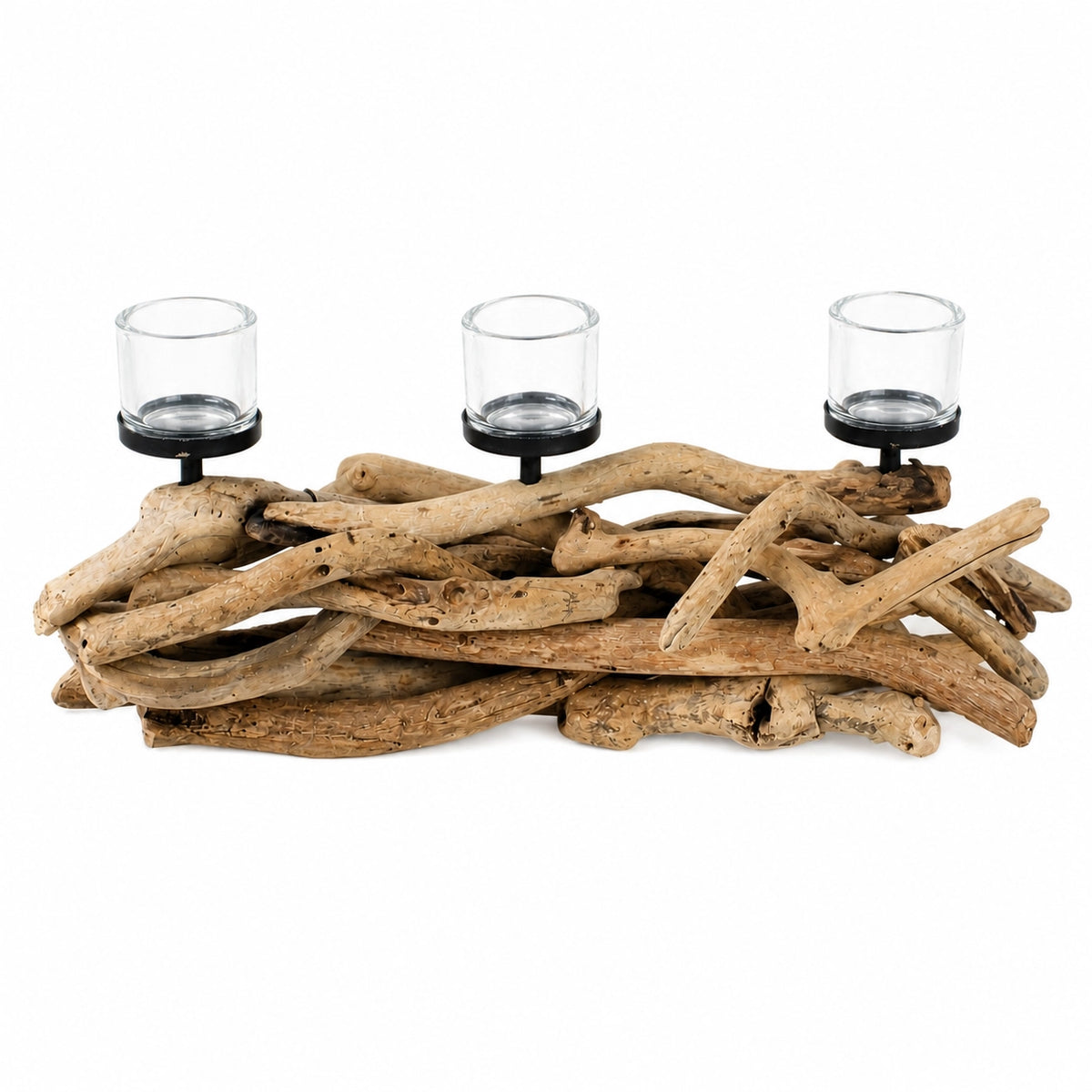WMG Treibholz-Windlicht Bundle 3-flammig + Teelichter – Natur