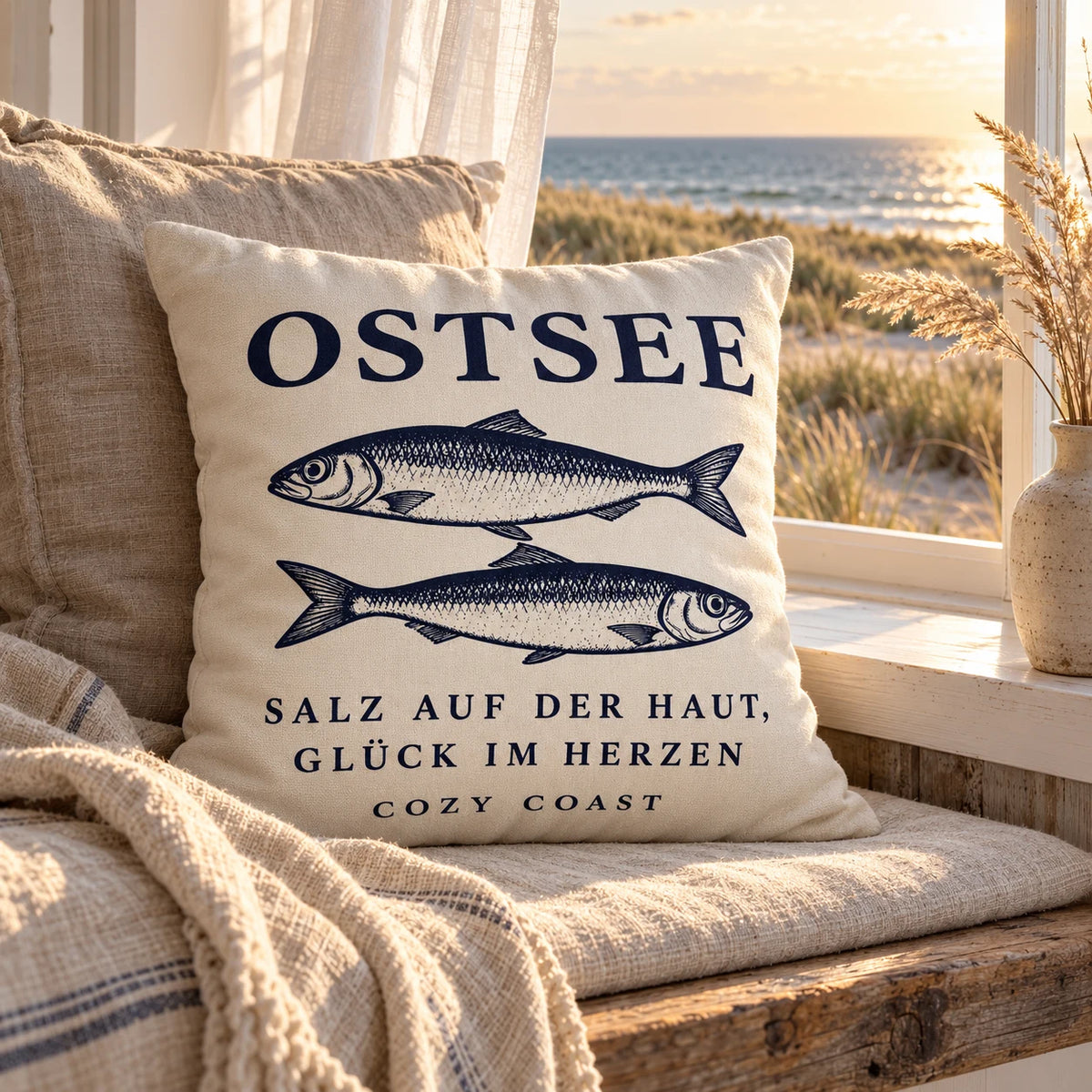 Cozy Coast Kissenhülle OSTSEE 50 x 50 cm in Natur mit dunkelblauen Fischen auf einer Sitzbank am Fenster mit Blick auf Dünen und Ostsee