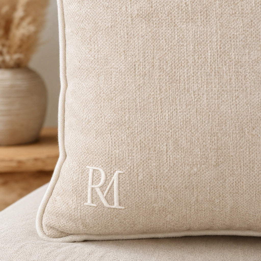 Detailaufnahme Struktur und Monogramm Kissen Riviera Maison Aveiro Beige