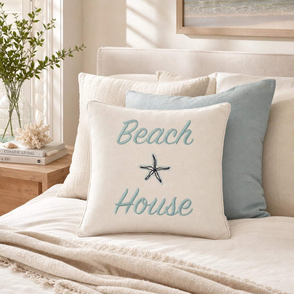 Kissen Riviera Maison Beach House Pillow Creme Hellblau auf Bett im Coastal Look