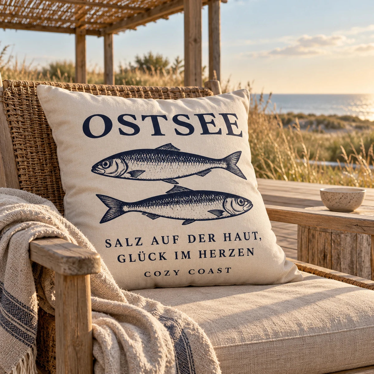 Cozy Coast Kissenhülle OSTSEE 50 x 50 cm in Natur mit dunkelblauen Fischen auf einem Rattan-Holzsessel auf einer Terrasse mit Blick auf Dünen und Ostsee
