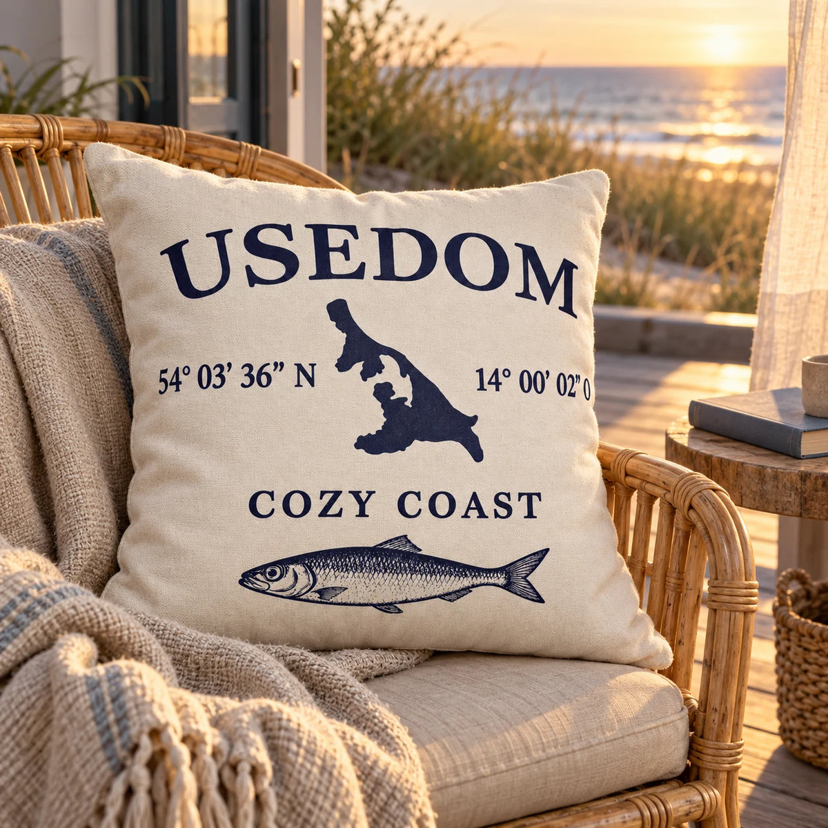 Cozy Coast Kissenhülle USEDOM 50 x 50 cm in Natur mit dunkelblauer Inselsilhouette, Koordinaten und Fischmotiv auf einem Rattansessel auf einer Terrasse mit Blick auf die Ostsee bei Sonnenuntergang