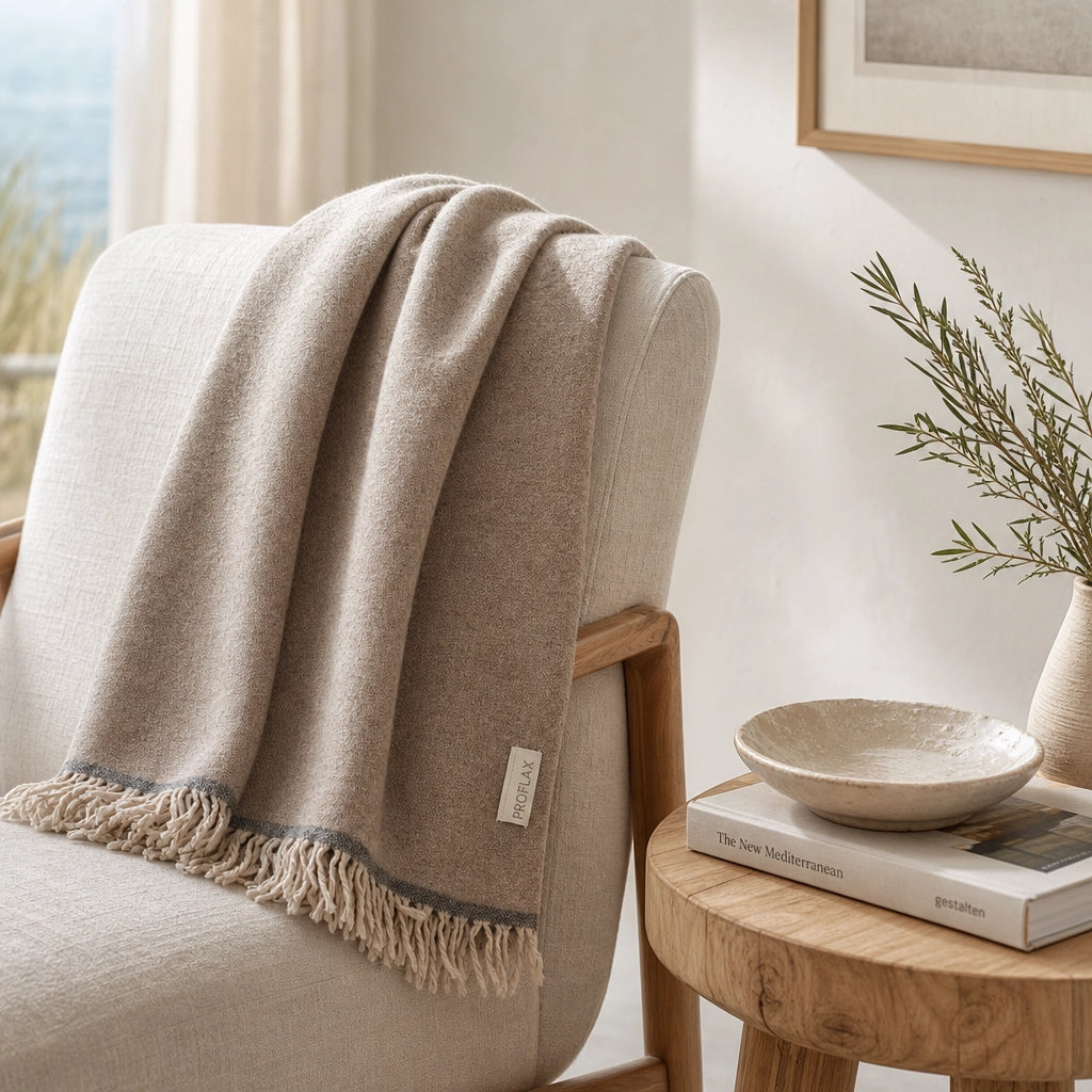 Decke PROFLAX Wool Mix Stone auf Sessel im Coastal Look