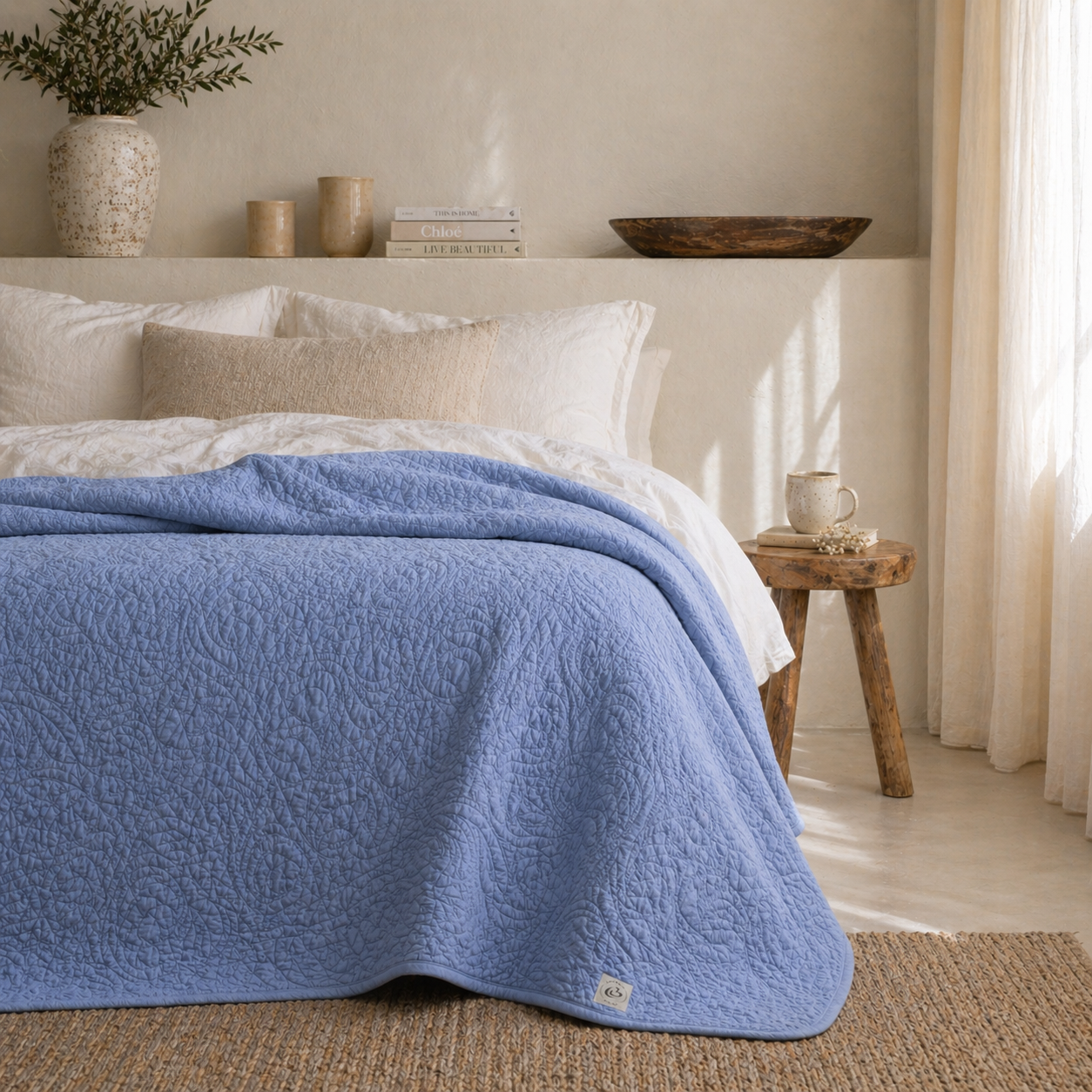 Decke Lene Bjerre Isabelle Hellblau auf Bett im Coastal Look