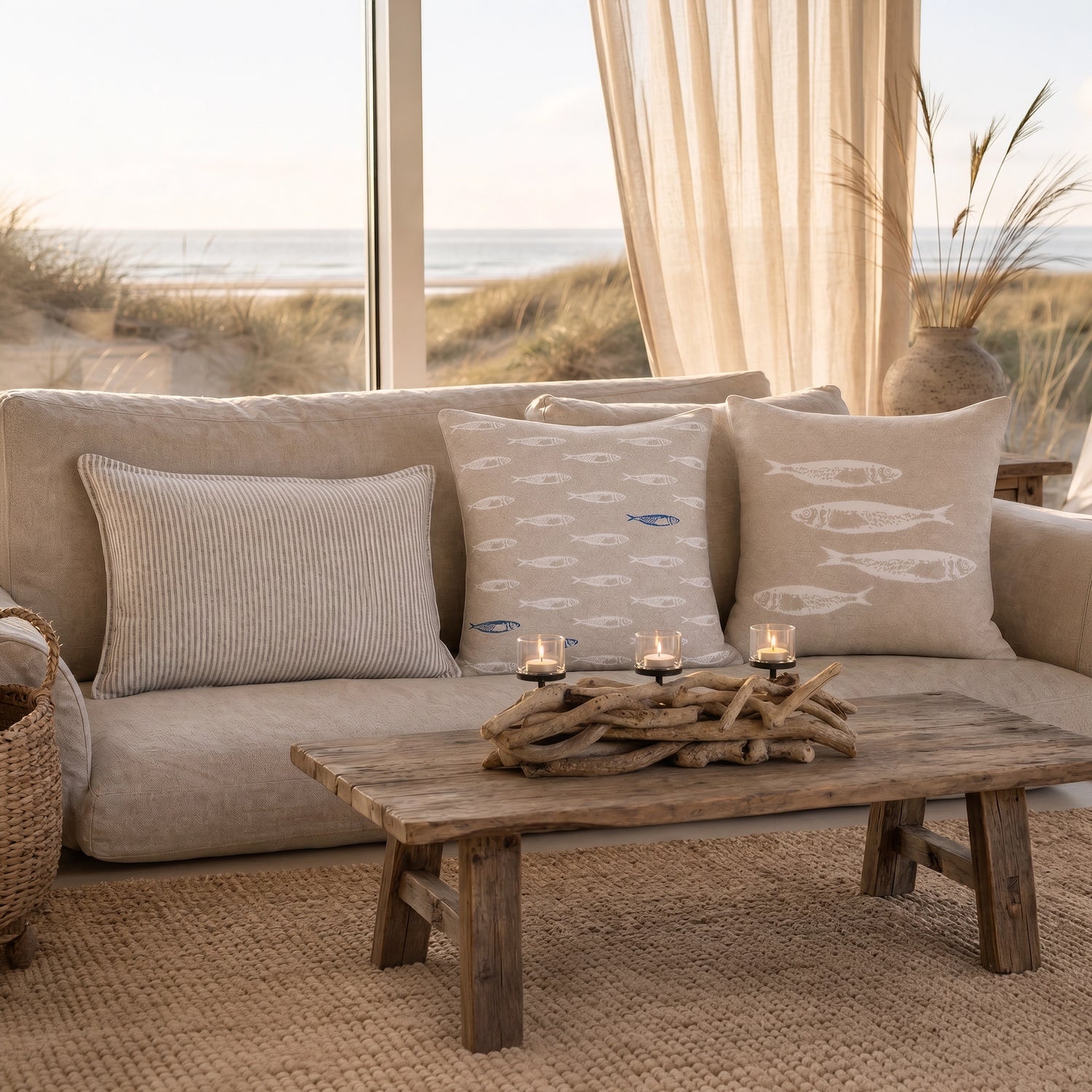 Cozy Coast Set Cozy by the Sea Leinen- und Sardinen-Kissen mit Treibholz-Windlicht