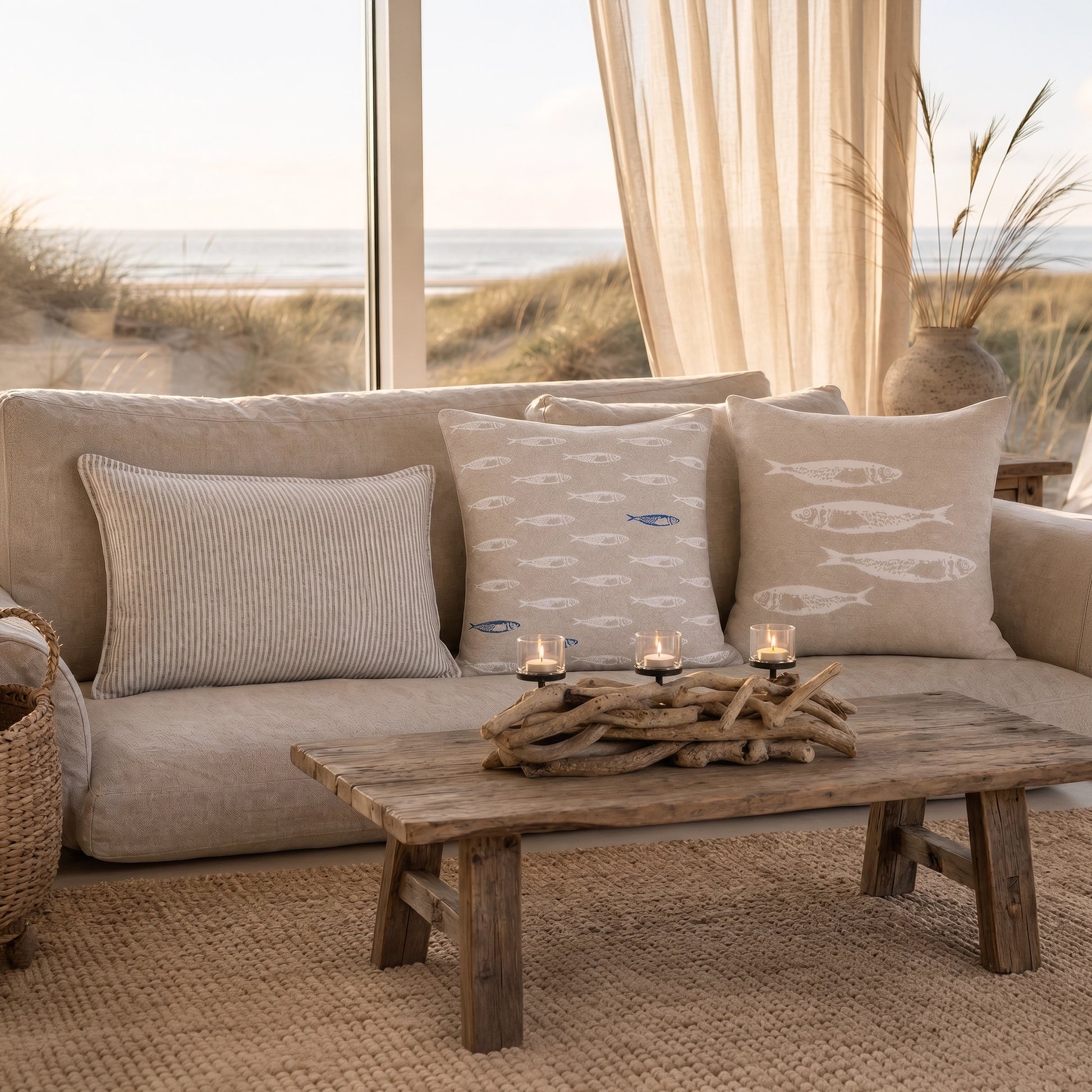 Cozy Coast Set Cozy by the Sea Leinen- und Sardinen-Kissen mit Treibholz-Windlicht