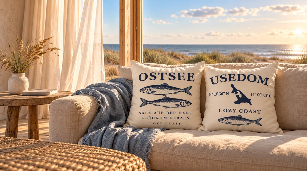 Cozy Coast Kissenhüllen OSTSEE und USEDOM in Natur mit dunkelblauen Motiven als Küsten-Duo auf einem hellen Sofa mit Blick auf Dünen und Ostsee
