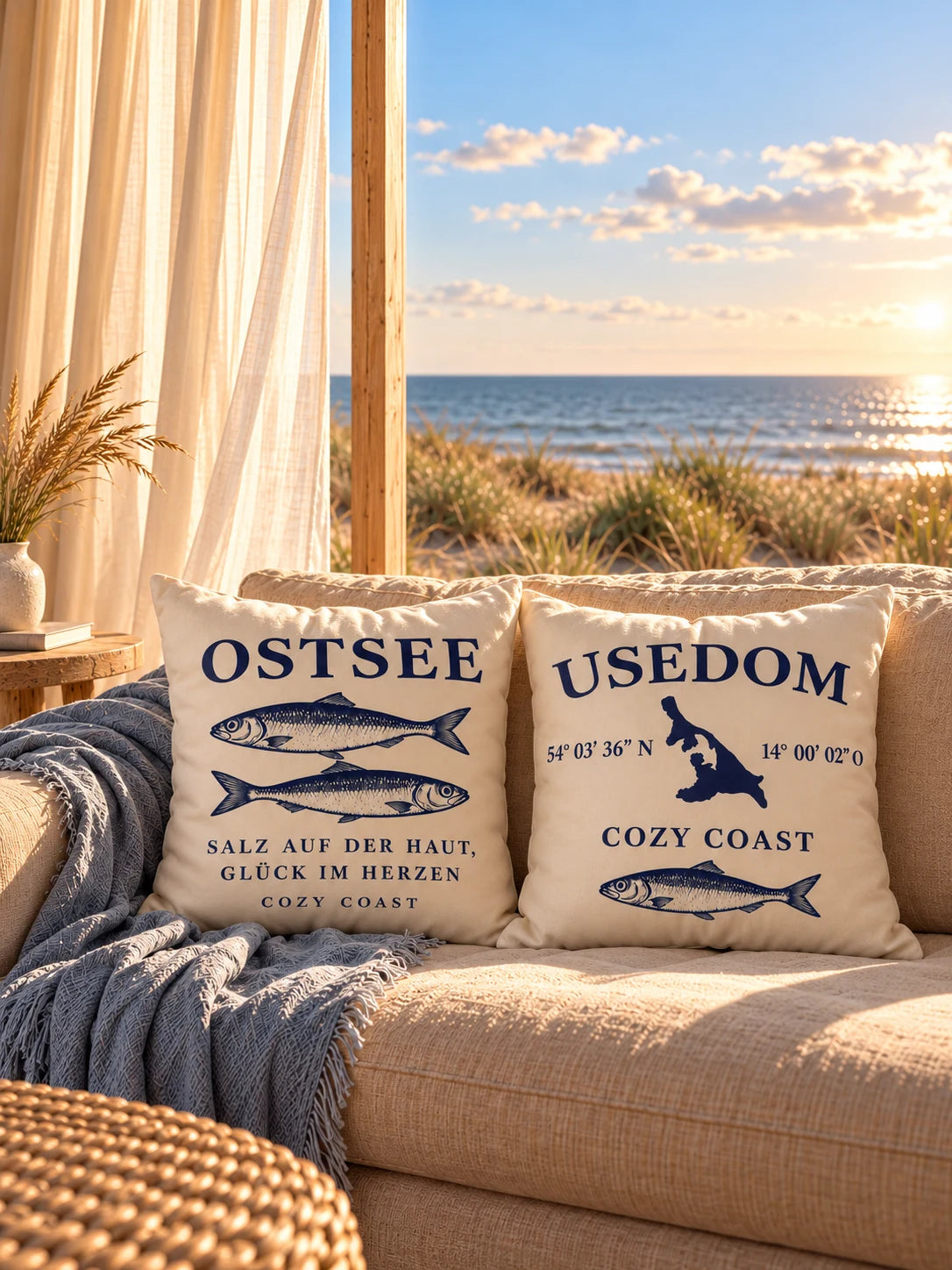 Cozy Coast Kissenhüllen OSTSEE und USEDOM in Natur mit dunkelblauen Motiven als Küsten-Duo auf einem hellen Sofa mit Blick auf Dünen und Ostsee