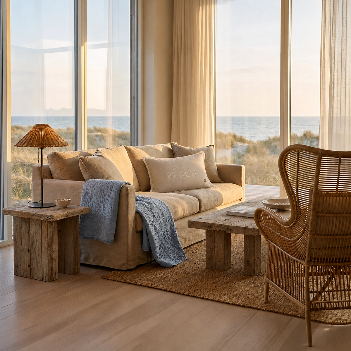 Nahaufnahme Sommerhaus-Look: Sofa mit Kissen "Riviera Beach" von Riviera Maison, hellblaue Isabel-Tagesdecke von Lene Bjerre, Rattan-Lampe von J-Line, Rattan-Sessel und Holztisch vor Dünenlandschaft