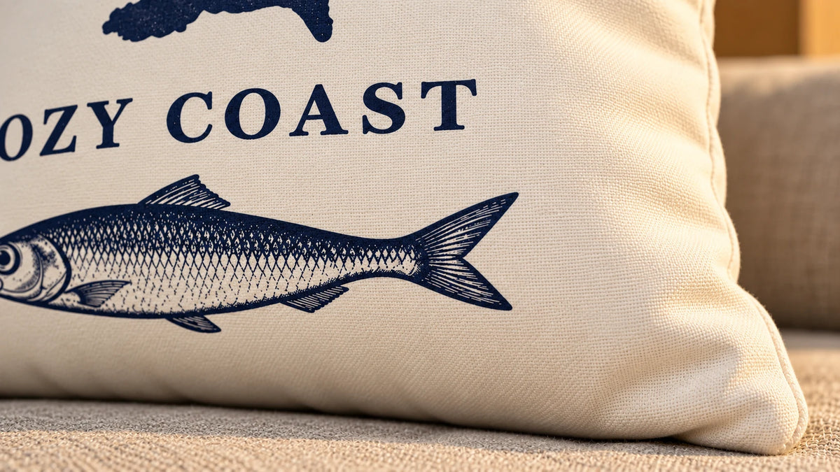 Nahaufnahme der Cozy Coast Kissenhülle USEDOM mit dunkelblau gedrucktem COZY COAST Schriftzug und Fischmotiv auf naturfarbener Baumwolle