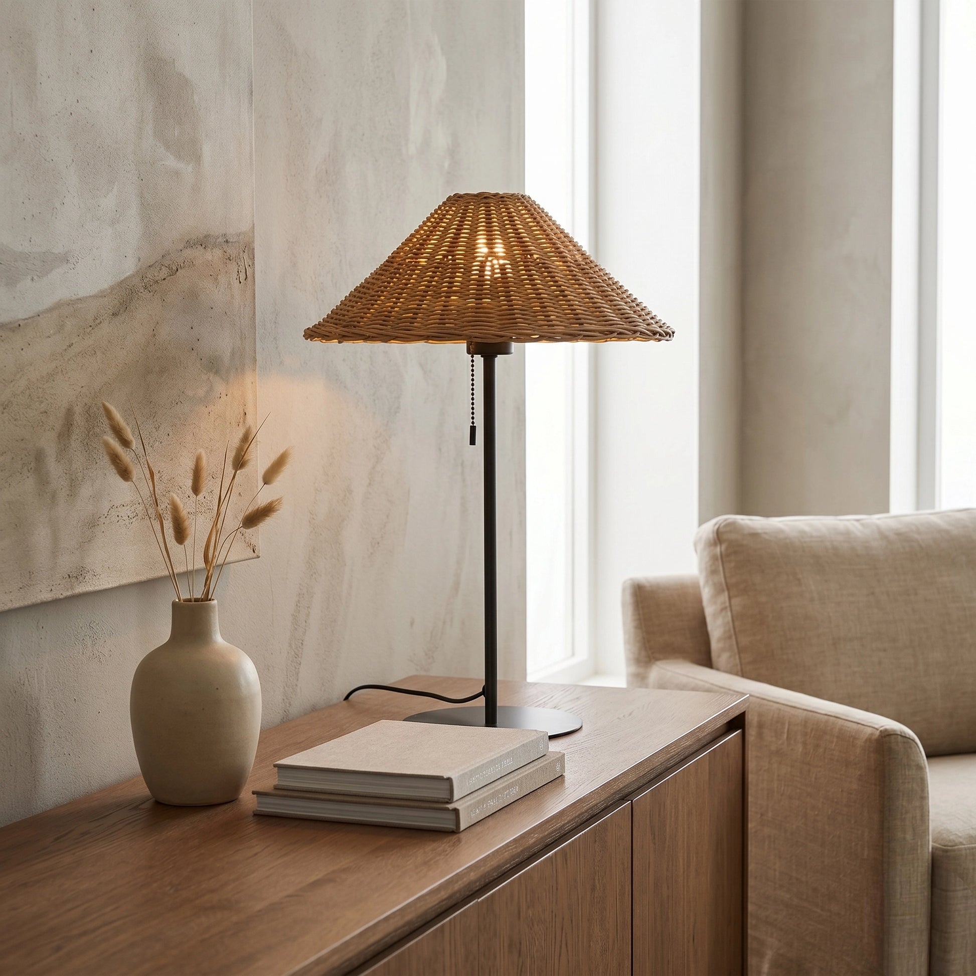 Tischleuchte J-Line Rattan im Wohnzimmer Coastal Look
