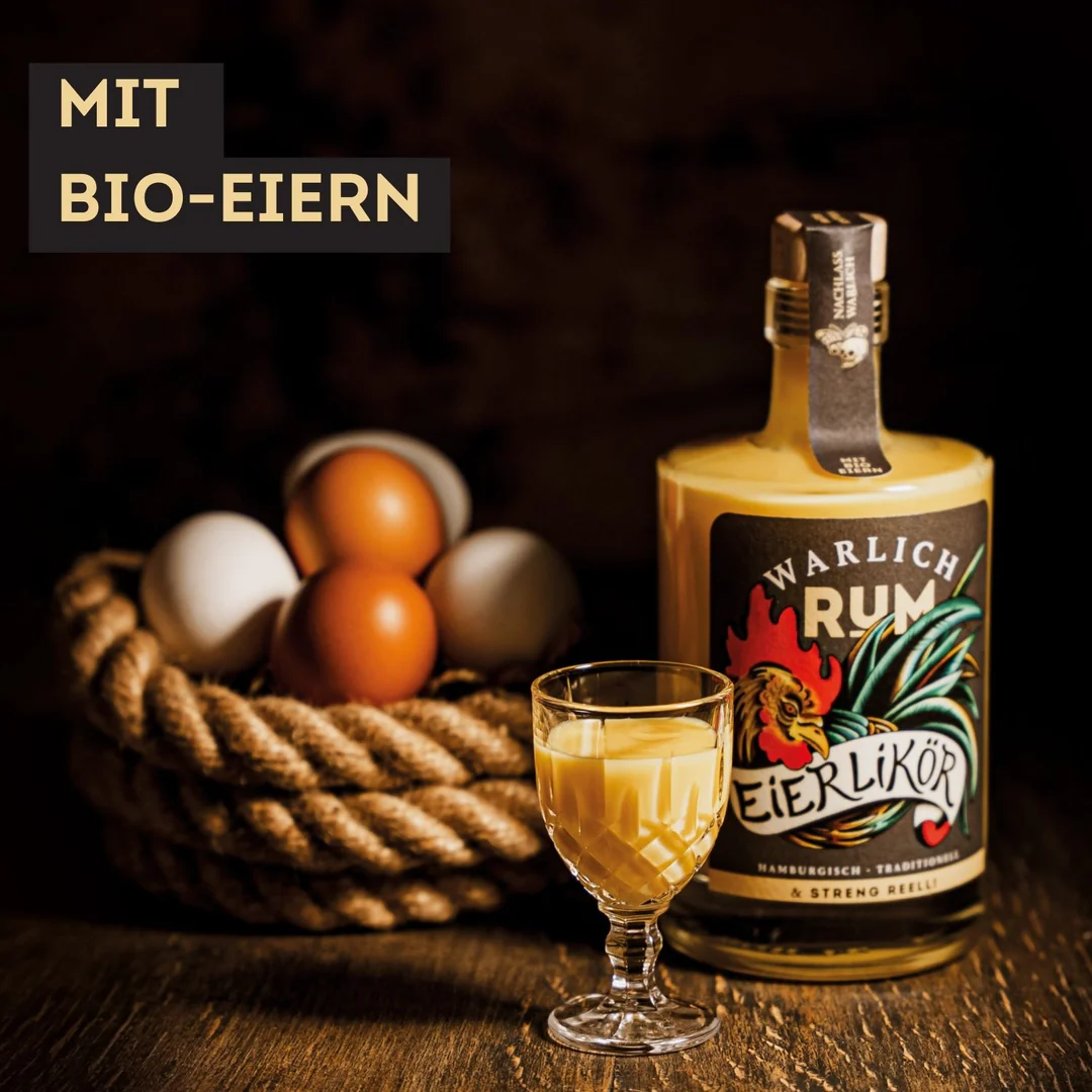 Warlich Rum Eierlikoer 0 5 L Flasche mit Bio Eiern und Glas