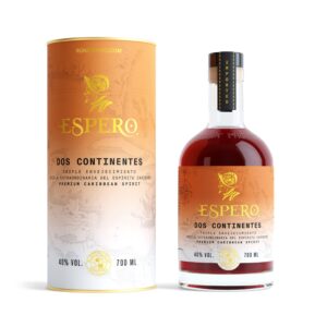 Ron Espero Dos Continentes Flasche neben oranger Geschenkverpackung mit Weltkarte