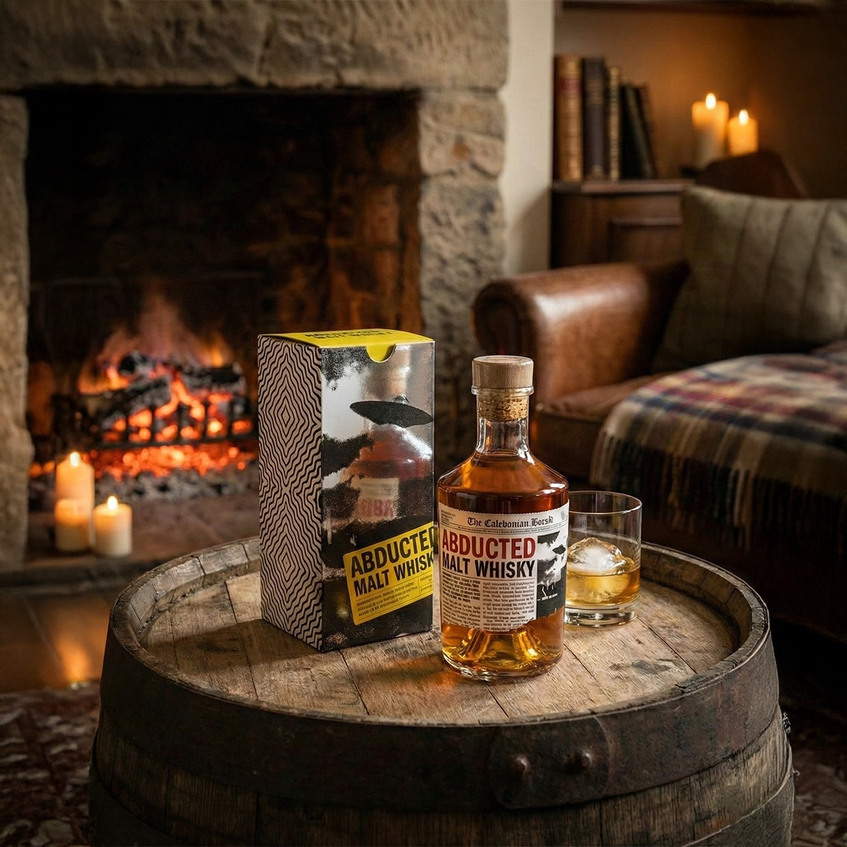 abducted malt whisky am kamin mit glas und box